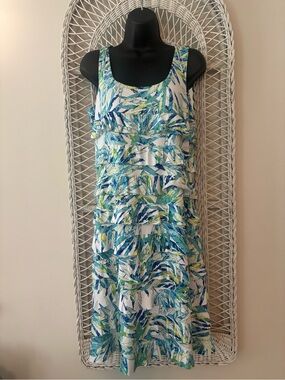 Mango Tango Sleeveless Tiered Midi Dress in Blue & Green Leaf Print